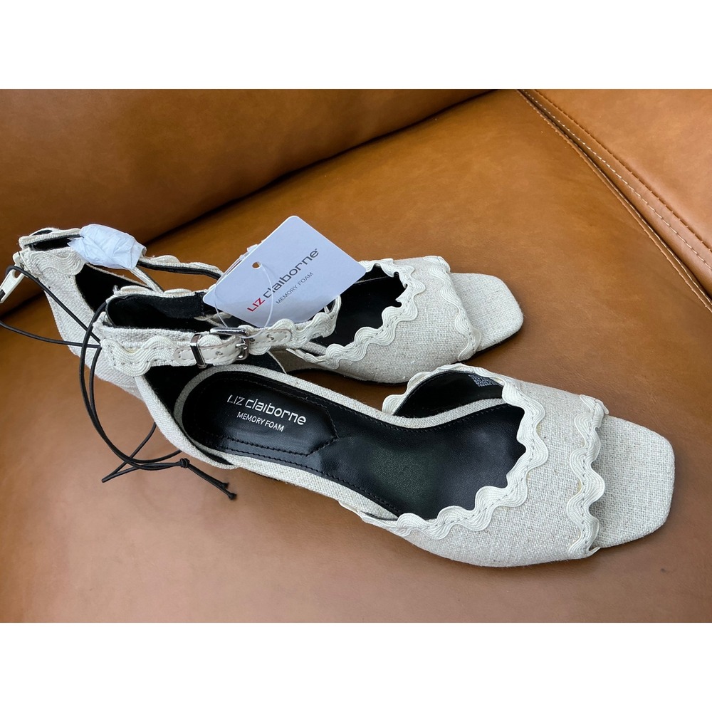 Liz Claiborne Babbler Wedge Sandals Womens 6 Sand New Scalloped‎ Linen Shoes
